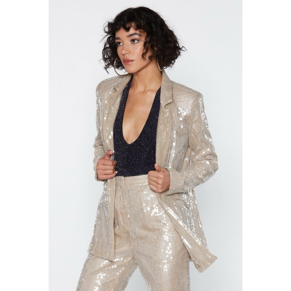 Nasty Gal Champagne Sequin Blazer Party Open Front Size US 2 Jacket Only - Picture 8 of 11